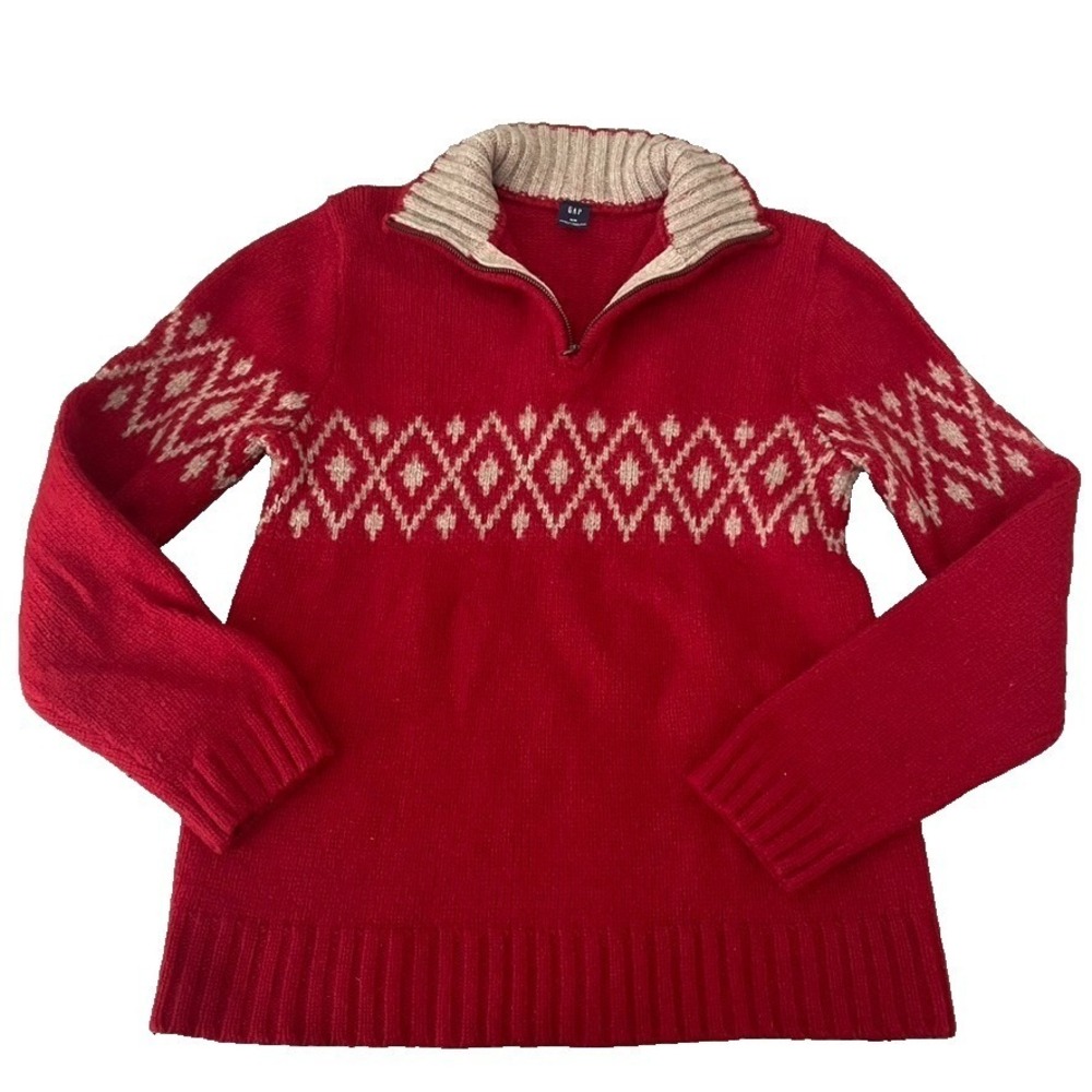 GAP 100% Lambswool Nordic Fair Isle 1/4 Zip Sweater Red‎ Cream Mens M